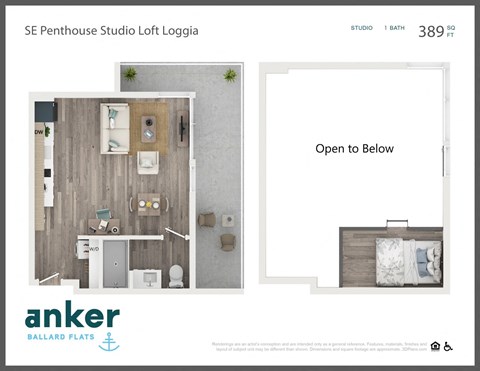 Floor plan for studio, 1 bath, 398 sqft